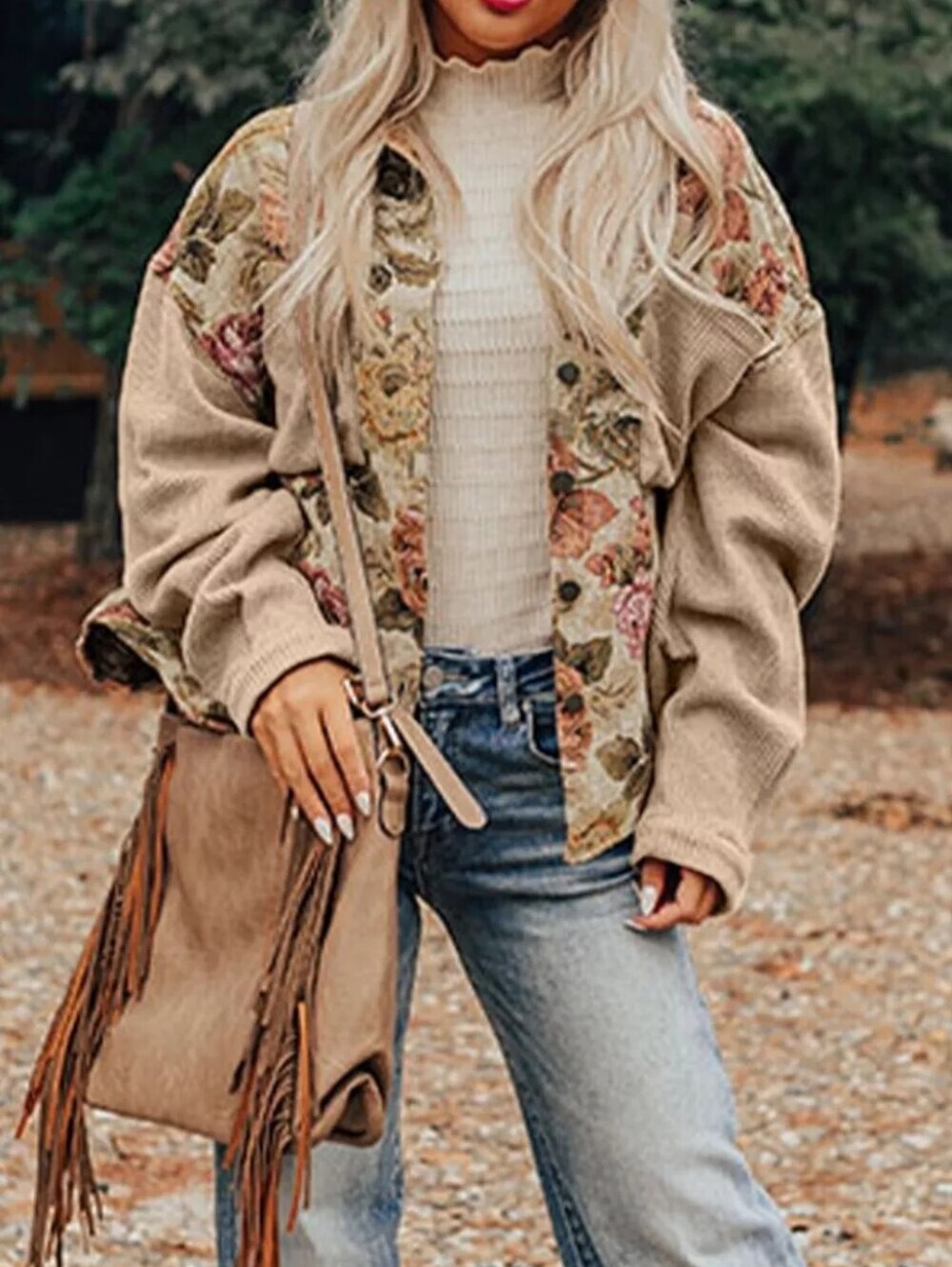 Floral Waffle Knit Patchwork Chest Pockets Buttoned Jacket - Picture 2 of 13